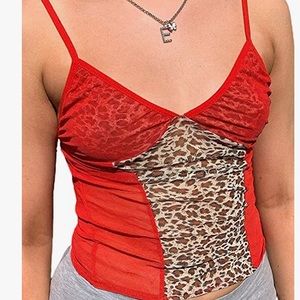 Y2K red mesh leopard print tank top Kami crop top